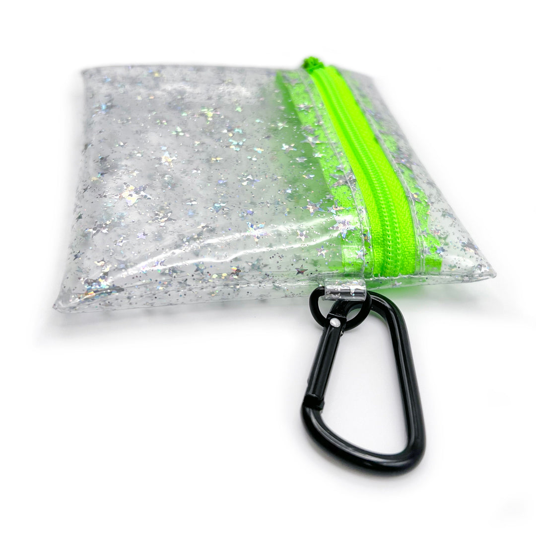 Clear Glitter Stars Coin Pouch | neon green zipper