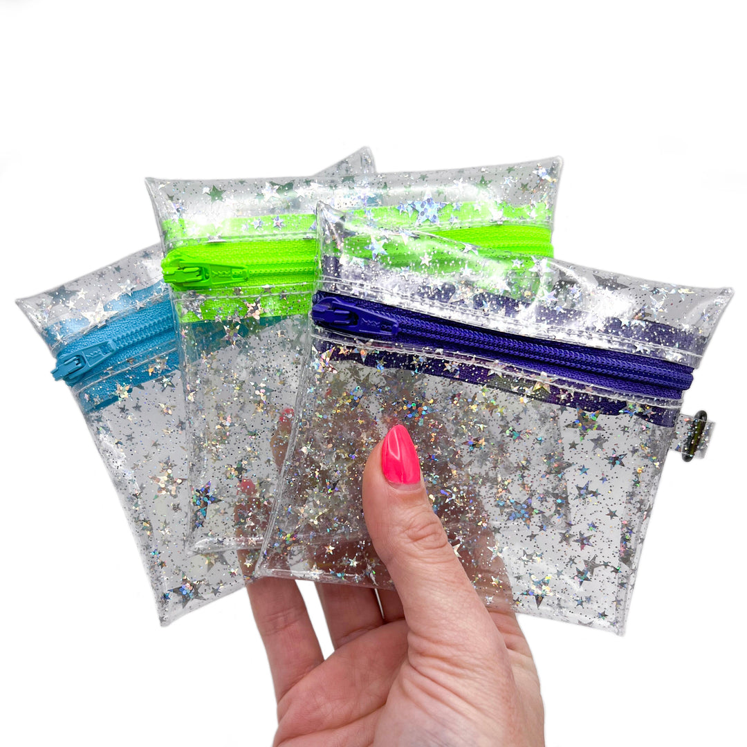 Clear Glitter Stars Coin Pouch | sky blue zipper