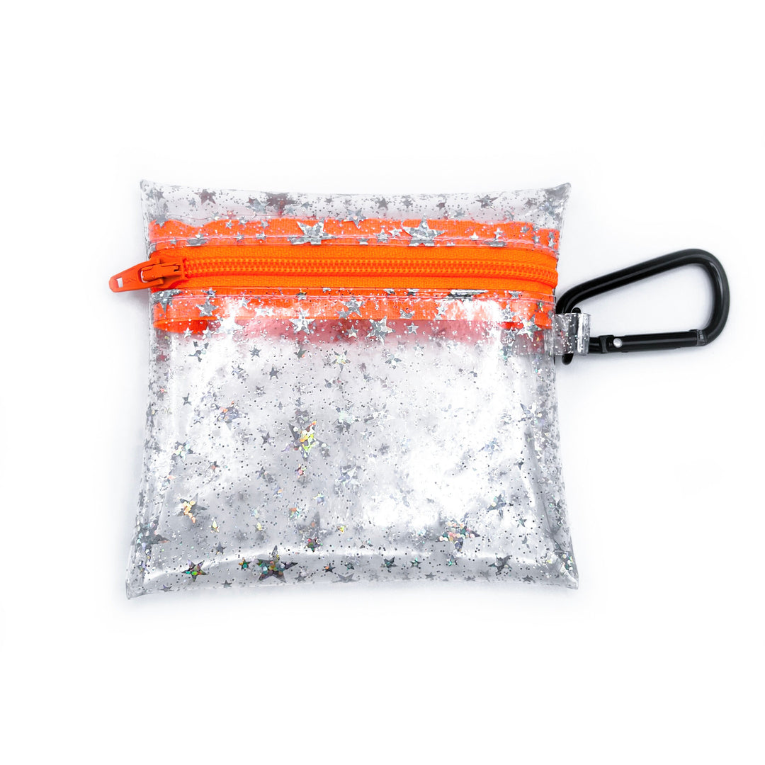 Clear Glitter Stars Coin Pouch | neon orange zipper