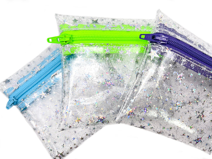 Clear Glitter Stars Coin Pouch | purple zipper