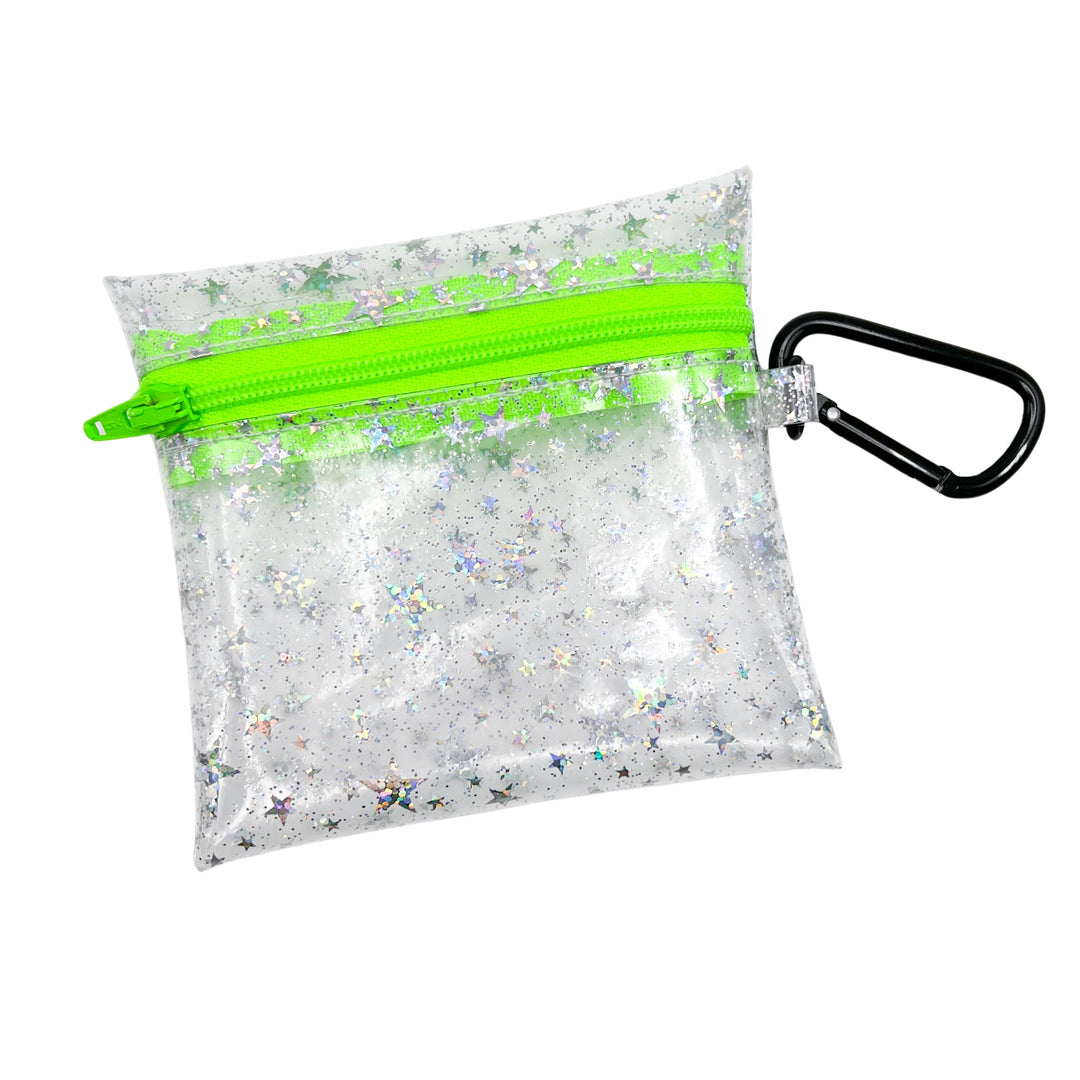 Clear Glitter Stars Coin Pouch | neon green zipper