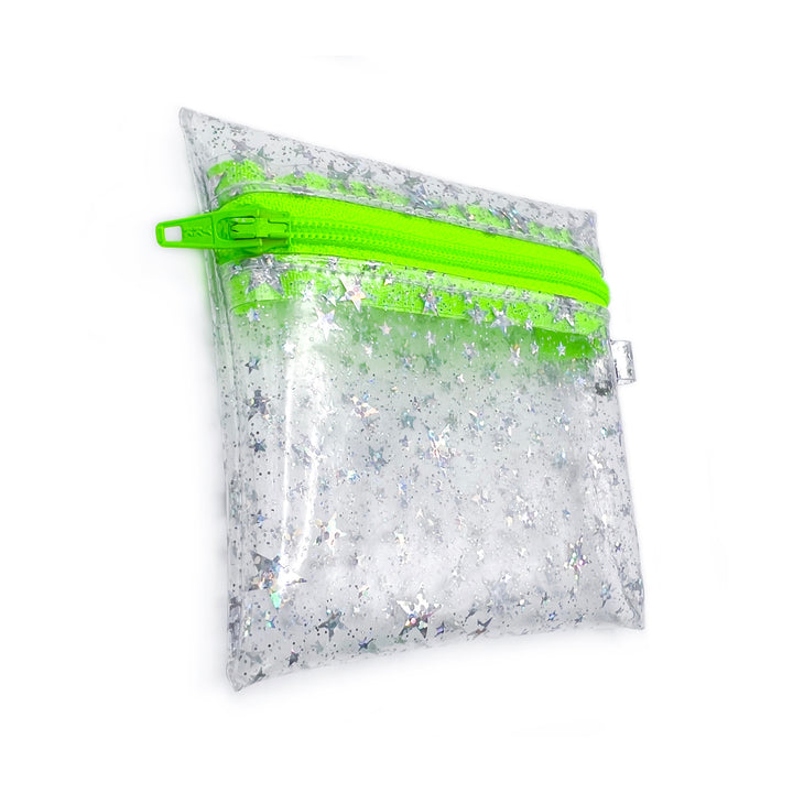 Clear Glitter Stars Coin Pouch | neon green zipper