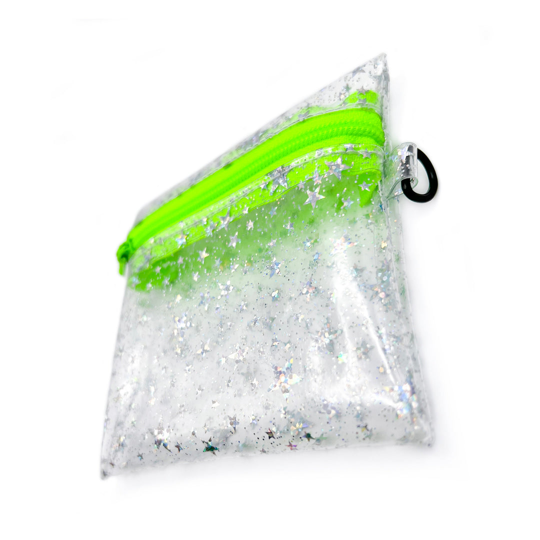 Clear Glitter Stars Coin Pouch | neon green zipper