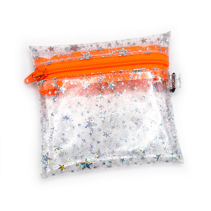 Clear Glitter Stars Coin Pouch | neon orange zipper