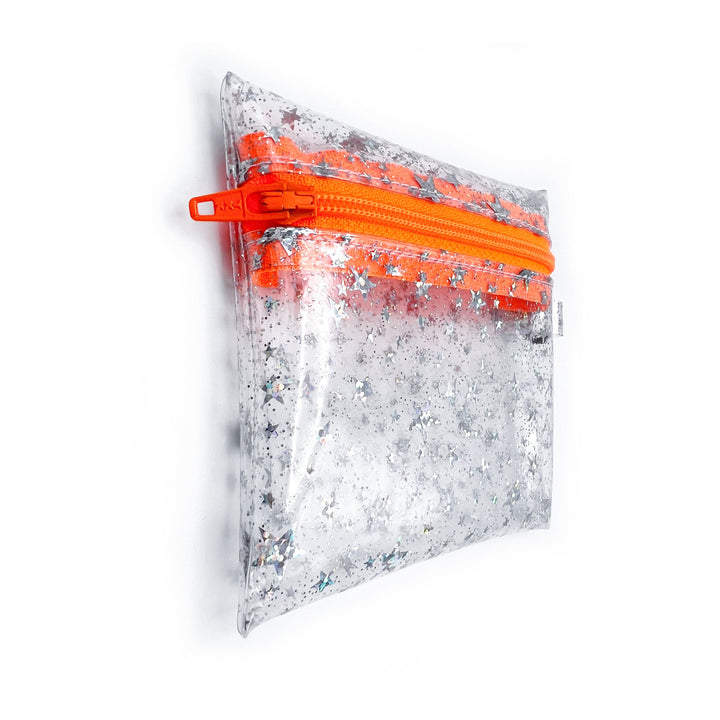 Clear Glitter Stars Coin Pouch | neon orange zipper