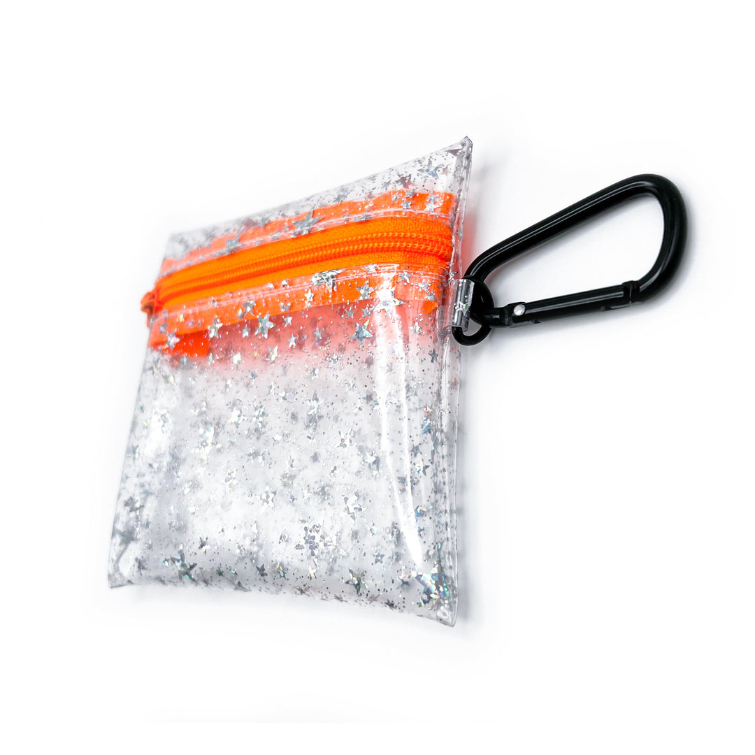 Clear Glitter Stars Coin Pouch | neon orange zipper