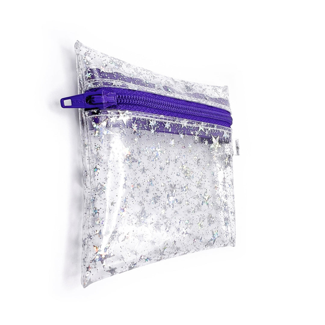 Clear Glitter Stars Coin Pouch | purple zipper