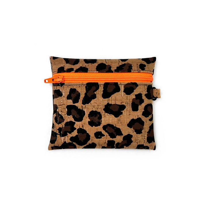 Leopard Print Cork Coin Pouch | neon orange zipper