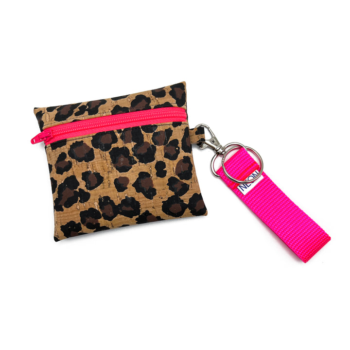 Leopard Print Cork Coin Pouch | neon pink zipper