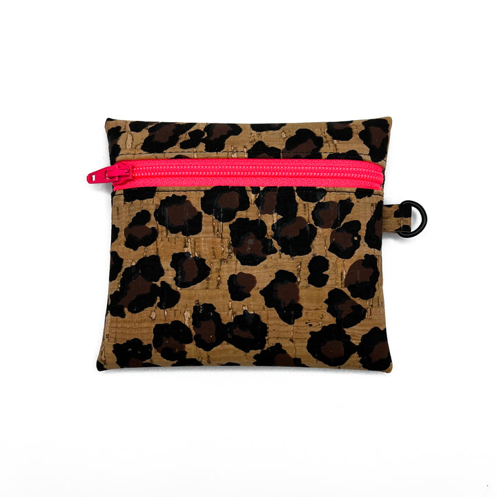 Leopard Print Cork Coin Pouch | neon pink zipper