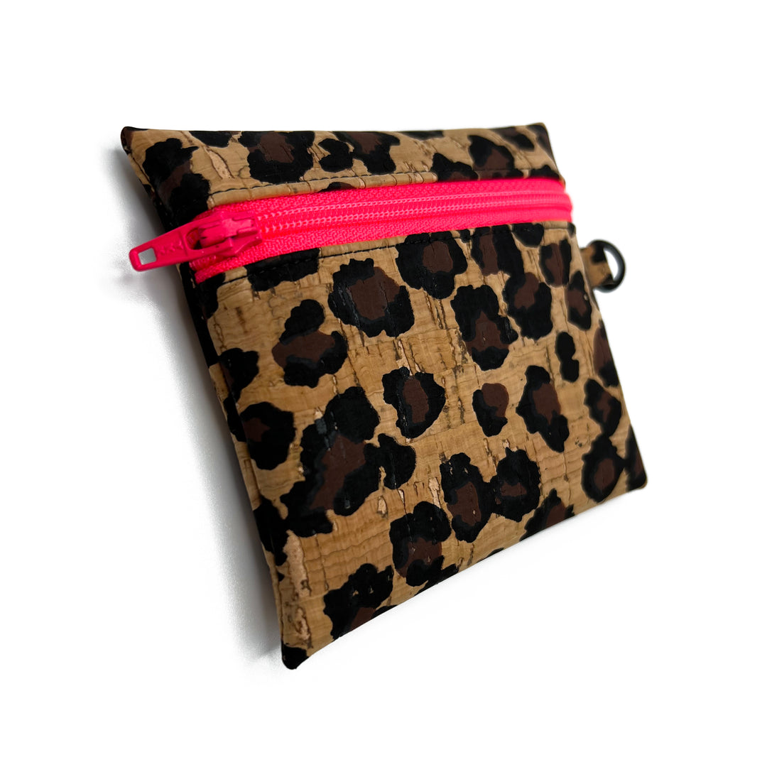 Leopard Print Cork Coin Pouch | neon pink zipper