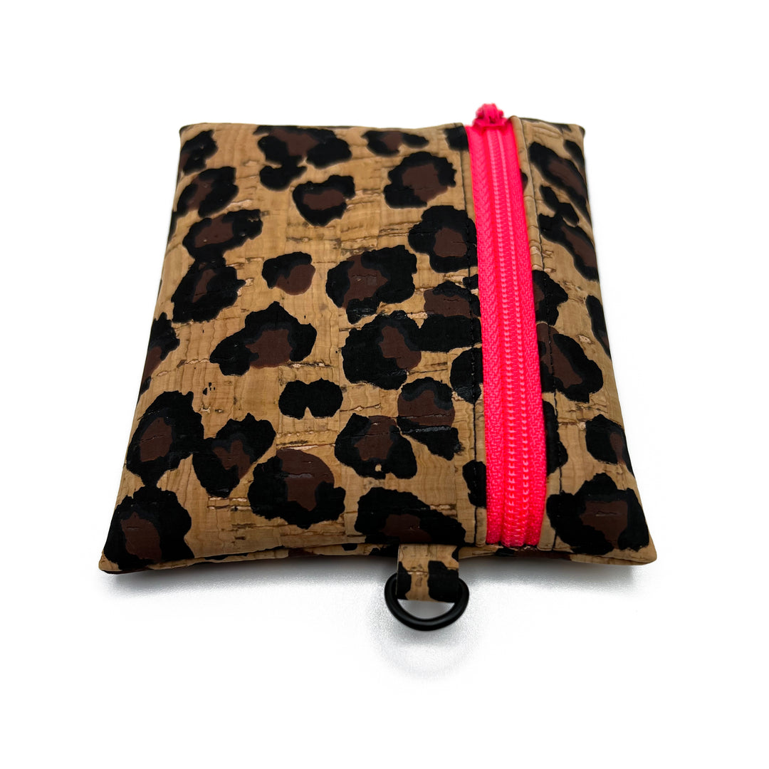 Leopard Print Cork Coin Pouch | neon pink zipper