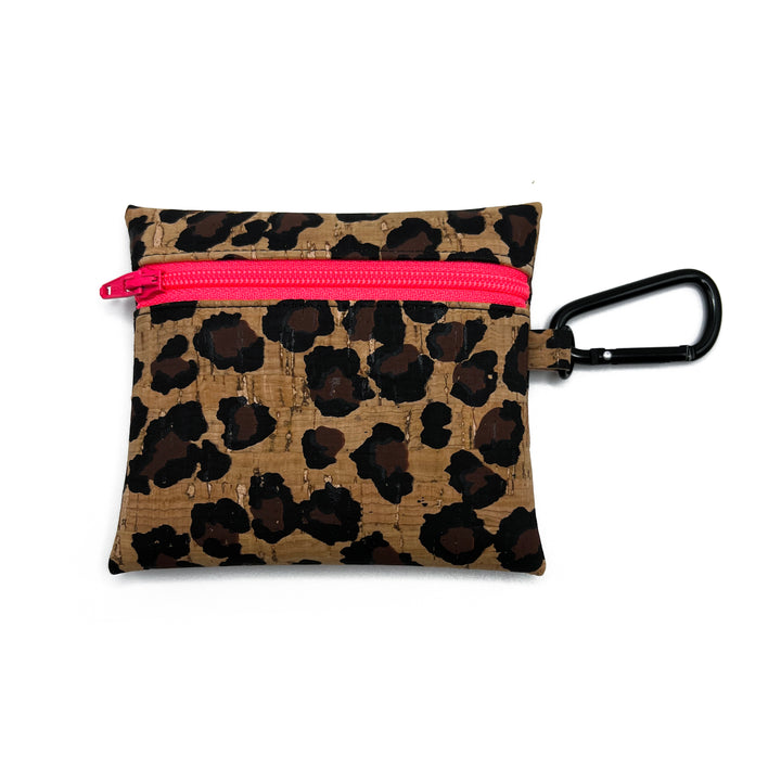 Leopard Print Cork Coin Pouch | neon pink zipper