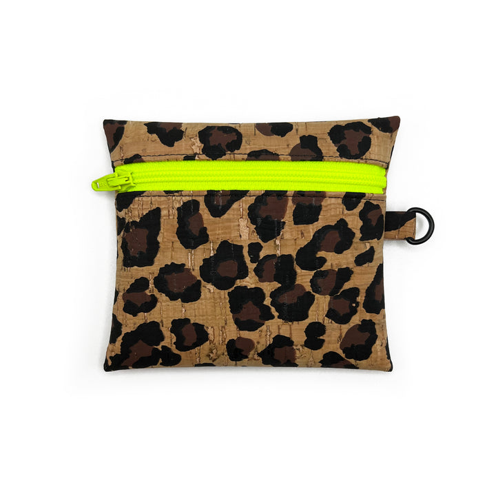 Leopard Print Cork Coin Pouch | neon yellow zipper