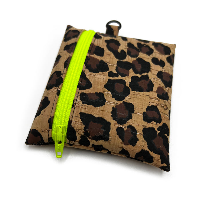 Leopard Print Cork Coin Pouch | neon yellow zipper