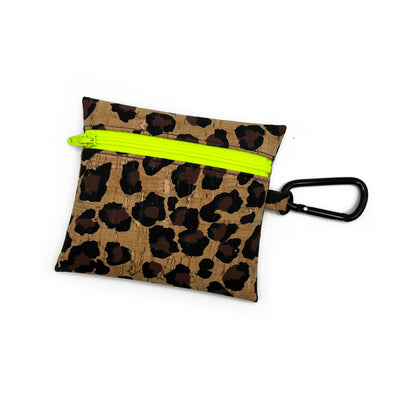 Leopard Print Cork Coin Pouch | fluorescent yellow zipper